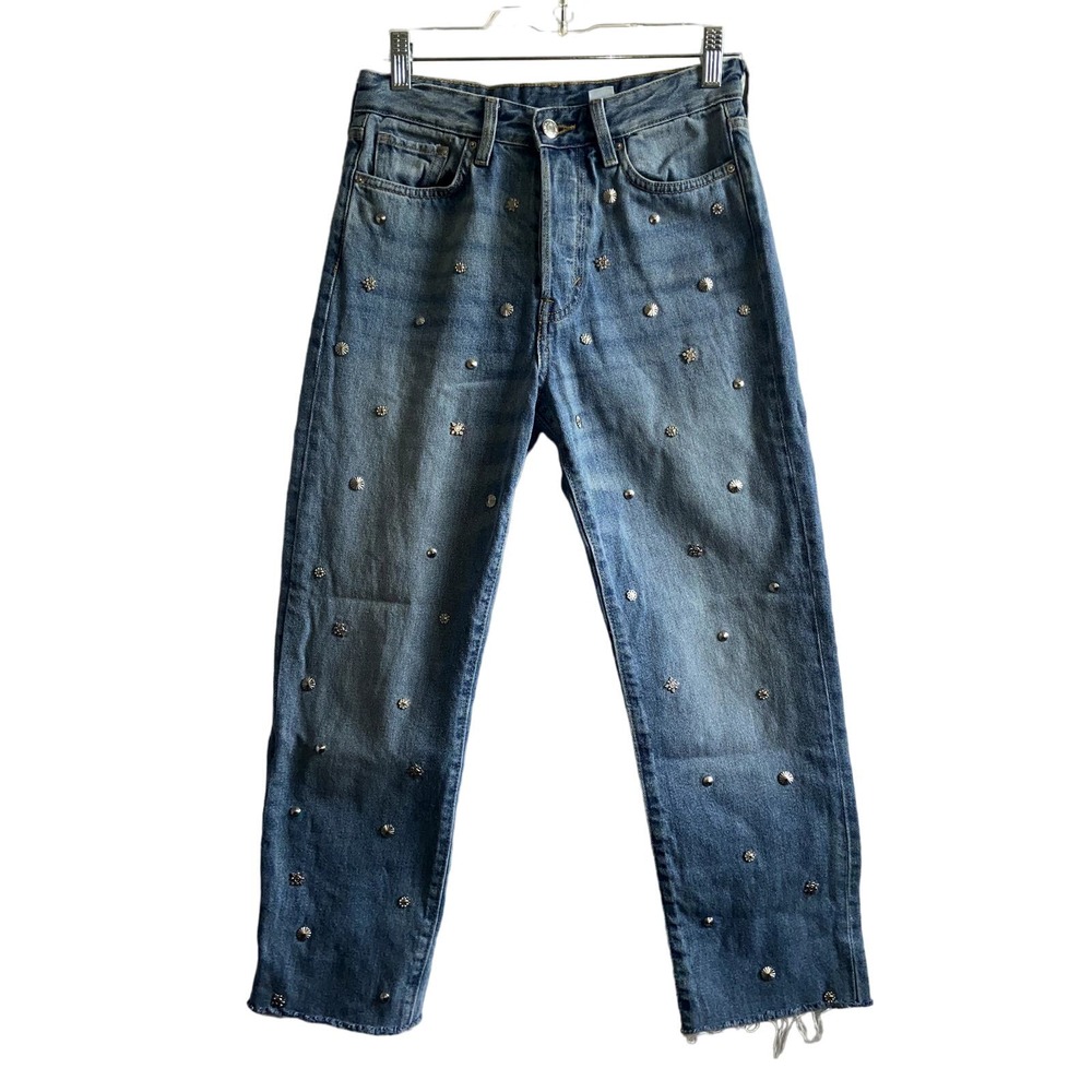 & Denim Vintage Fit High Waist Button Fly Studded Jeans Raw Hem Cropped 26 !